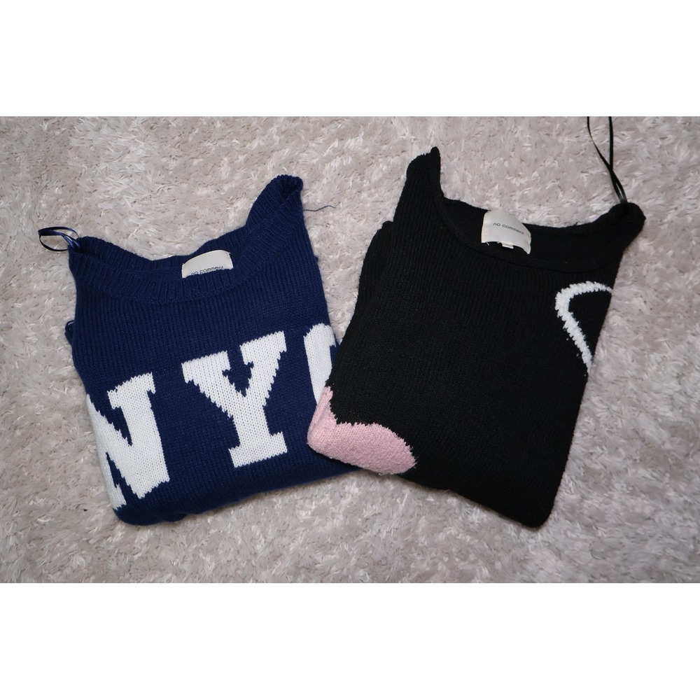 No Comment Women Sweater Lot of 2 Navy NYC Distressed‎ Black Heart Knit Size L